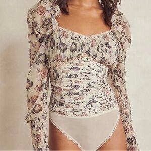 Free People Cream Floral Smocked Corset Blouse
